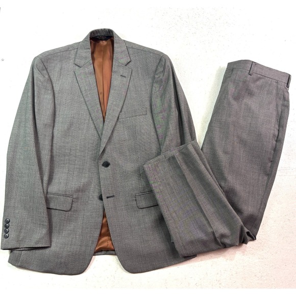 Jos A Bank 40R 41R 35x30 Gray Nailhead 2pc Pant Suit Wool Slim Fit Flat Front